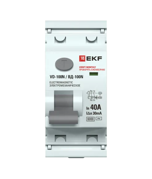 Выключатель дифференциального тока ВД-100N 2P 40А 30мА тип AC эл-мех 6кА EKF PROxima Выключатель дифференциального тока ВД-100N 2P 40А 30мА тип AC эл-мех 6кА EKF PROxima