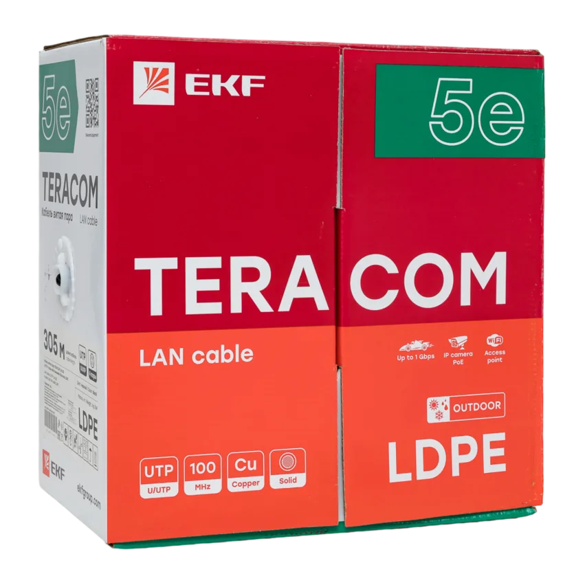 Кабель витая пара TERACOM Cat.5E U/UTP 4 пары solid внешний оболочка LDPE цвет черный (упак. 305м) Кабель витая пара TERACOM Cat.5E U/UTP 4 пары solid внешний оболочка LDPE цвет черный (упак. 305м)