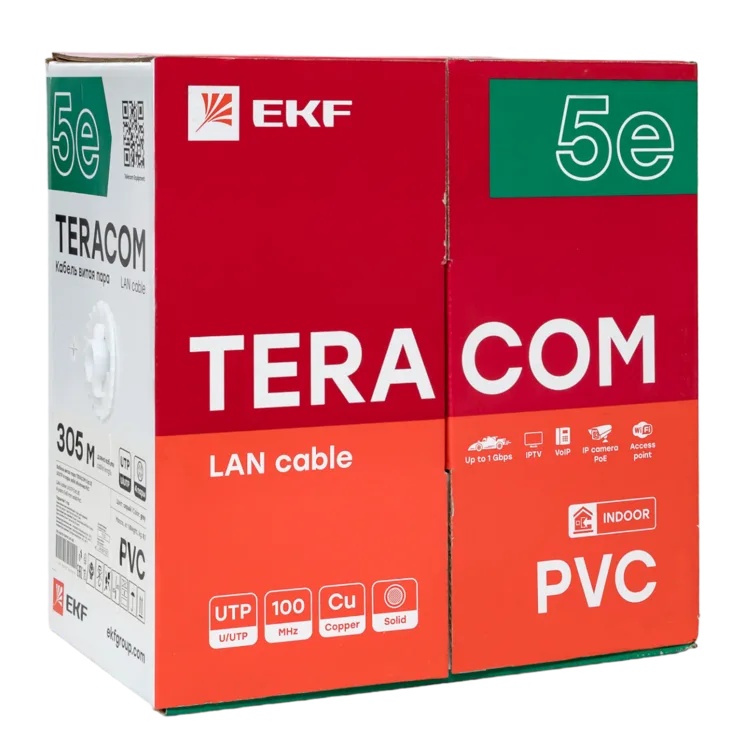 Кабель витая пара TERACOM Cat.5E U/UTP 4 пары solid оболочка PVC цвет серый (упак. 305м) Кабель витая пара TERACOM Cat.5E U/UTP 4 пары solid оболочка PVC цвет серый (упак. 305м)
