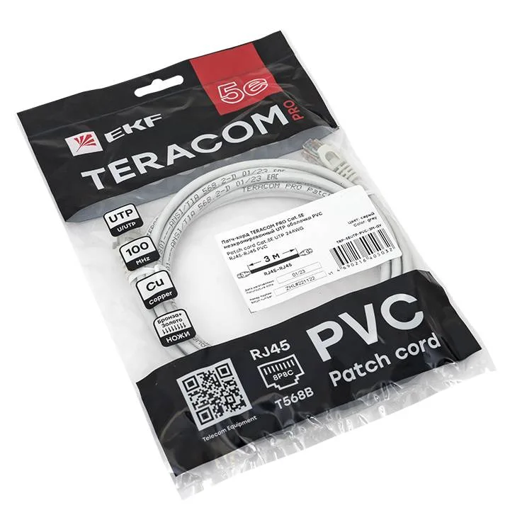 Патч-корд TERACOM Cat.5E (1Гбит/с) неэкранированный UTP оболочка PVC серый (3м) Патч-корд TERACOM Cat.5E (1Гбит/с) неэкранированный UTP оболочка PVC серый (3м)