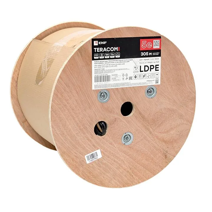 Кабель витая пара TERACOM PRO Cat.5E F/UTP 4 пары solid 24AWG с тросом сталь 1,2 мм оболочка LDPE цвет черный (катушка 305м) Кабель витая пара TERACOM PRO Cat.5E F/UTP 4 пары solid 24AWG с тросом сталь 1,2 мм оболочка LDPE цвет черный (катушка 305м)