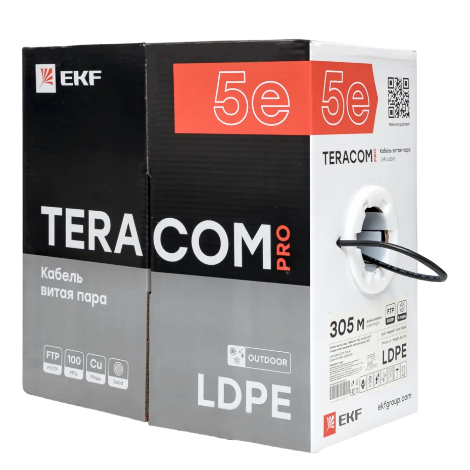 Кабель витая пара TERACOM PRO Cat.5E F/UTP 4 пары solid внешний 24AWG оболочка LDPE цвет черный (упак. 305м) Кабель витая пара TERACOM PRO Cat.5E F/UTP 4 пары solid внешний 24AWG оболочка LDPE цвет черный (упак. 305м)