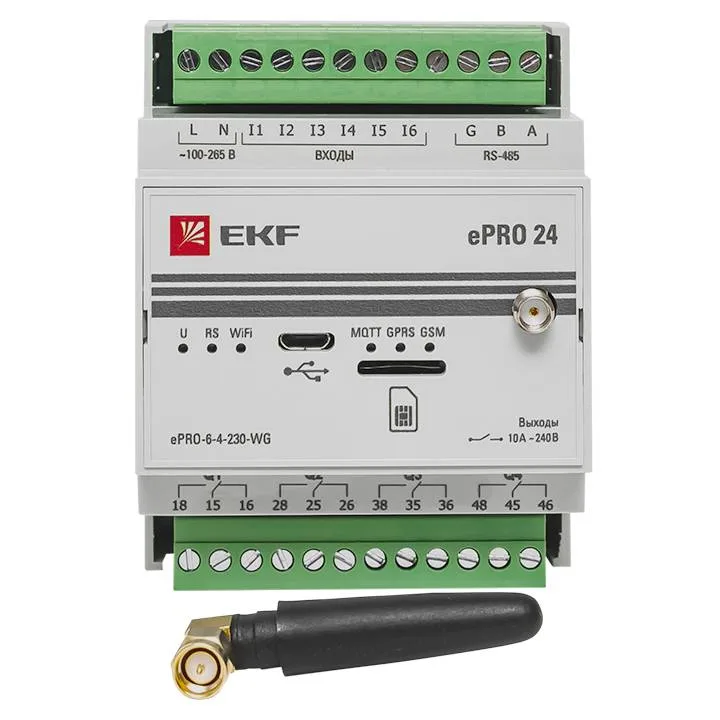 Контроллер базовый ePRO24 удаленного управления 6вх\4вых 230В WiFi GSM с внешней антенной EKF PROxima Контроллер базовый ePRO24 удаленного управления 6вх\4вых 230В WiFi GSM с внешней антенной EKF PROxima