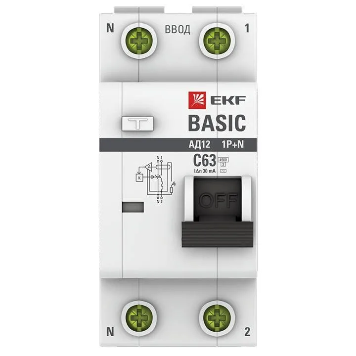 Автоматический выключатель дифференциального тока 1P+N 63А 30мА тип АС х-ка C эл. 4,5кА АД-12 EKF Basic Автоматический выключатель дифференциального тока 1P+N 63А 30мА тип АС х-ка C эл. 4,5кА АД-12 EKF Basic