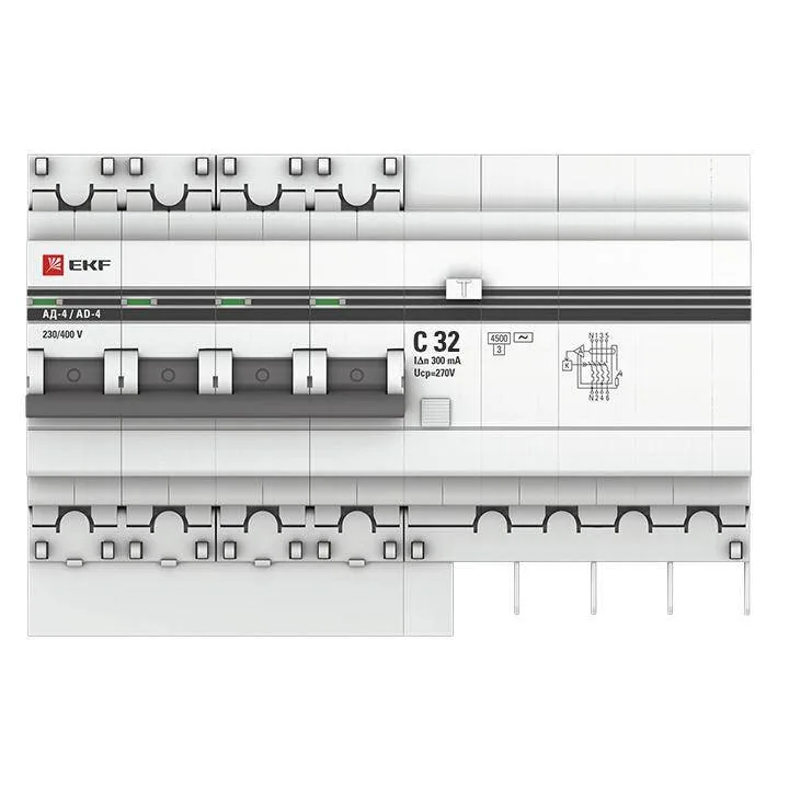 Дифференциальный автомат АД-4 32А/300мА (х-ка C, АС, электронный) 4,5кА EKF PROxima Дифференциальный автомат АД-4 32А/300мА (х-ка C, АС, электронный) 4,5кА EKF PROxima