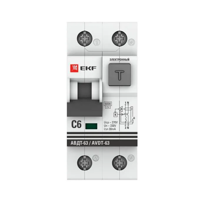 Дифференциальный автомат АВДТ-63 6А/30мА (характеристика C, электронный, тип АС) 6кА EKF PROxima Дифференциальный автомат АВДТ-63 6А/30мА (характеристика C, электронный, тип АС) 6кА EKF PROxima