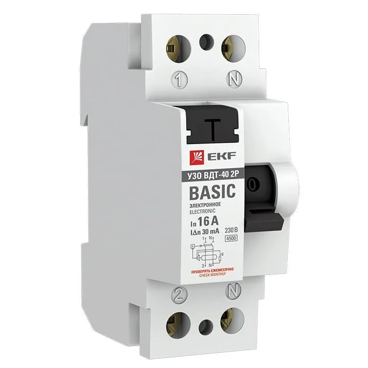 Устройство защитного отключения УЗО ВДТ-40 2P 16А/ 30мА (электронное) EKF Basic Устройство защитного отключения УЗО ВДТ-40 2P 16А/ 30мА (электронное) EKF Basic