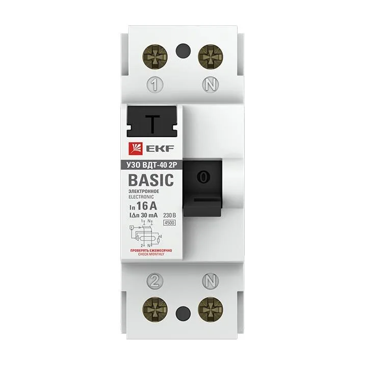 Устройство защитного отключения УЗО ВДТ-40 2P 16А/ 30мА (электронное) EKF Basic Устройство защитного отключения УЗО ВДТ-40 2P 16А/ 30мА (электронное) EKF Basic