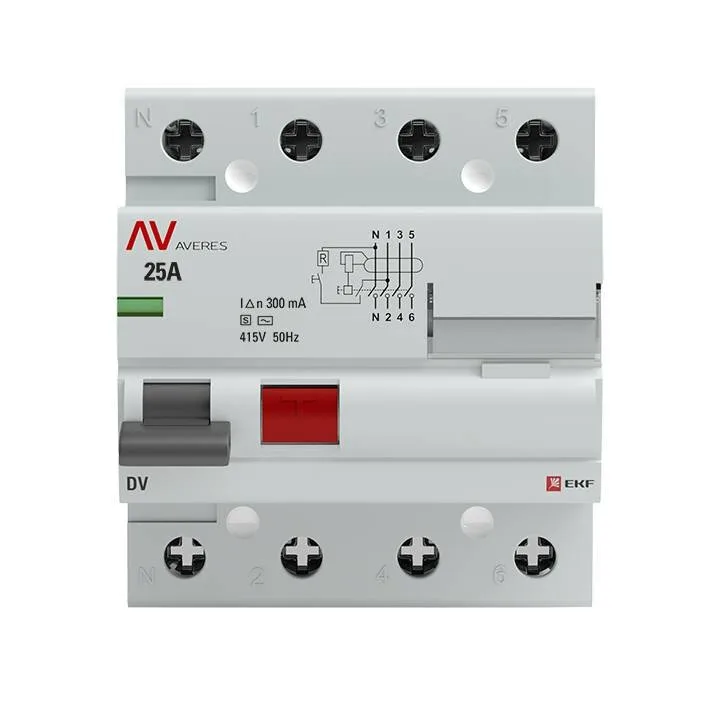 Устройство защитного отключения DV 4P 25А/300мА (S) EKF AVERES Устройство защитного отключения DV 4P 25А/300мА (S) EKF AVERES