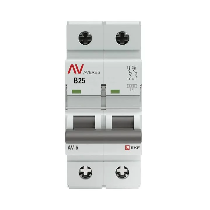 Выключатель автоматический AV-6 2P 25A (B) 6kA EKF AVERES mcb6-2-25B-av Выключатель автоматический AV-6 2P 25A (B) 6kA EKF AVERES mcb6-2-25B-av