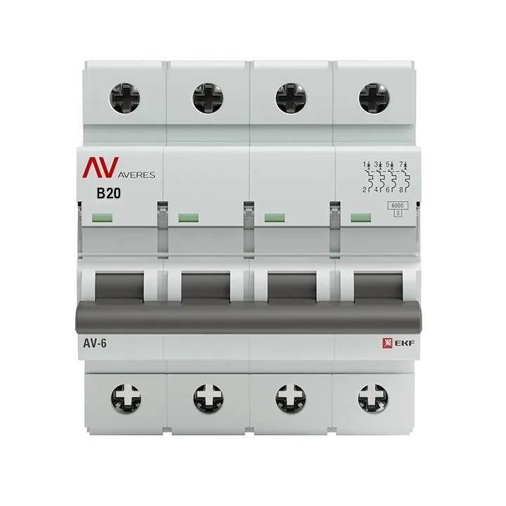 Выключатель автоматический AV-6 4P 20A (B) 6kA EKF AVERES mcb6-4-20B-av Выключатель автоматический AV-6 4P 20A (B) 6kA EKF AVERES mcb6-4-20B-av