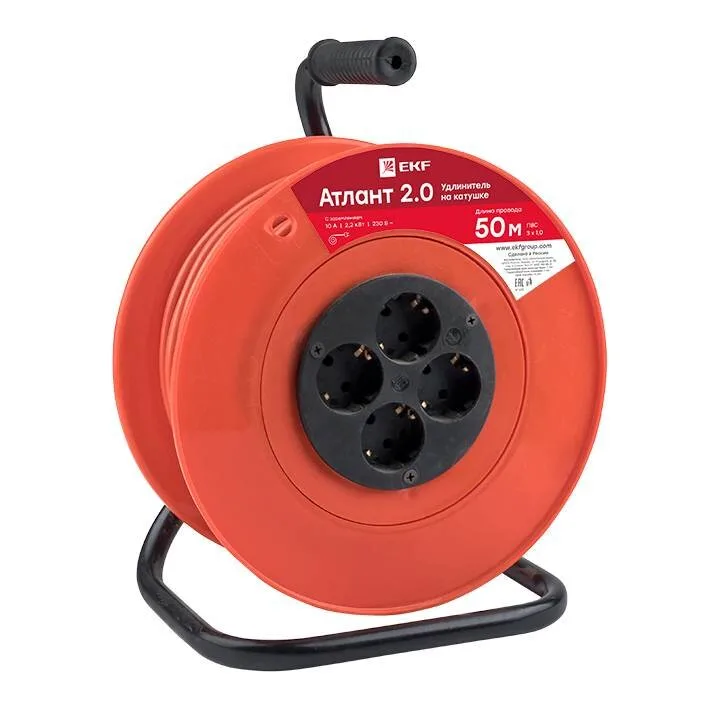 Удлинитель на катушке Атлант 2.0 4 гнезда 50м с заземлением ПВС 3*1,0 10А/2,2кВт PROxima