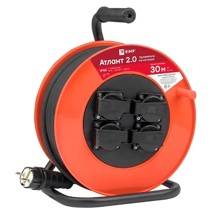 Удлинитель на катушке Атлант 2.0 4 гнезда 30м с заземлением КГ 3*1,5 16А/3,5кВт IP44 PROxima EKF