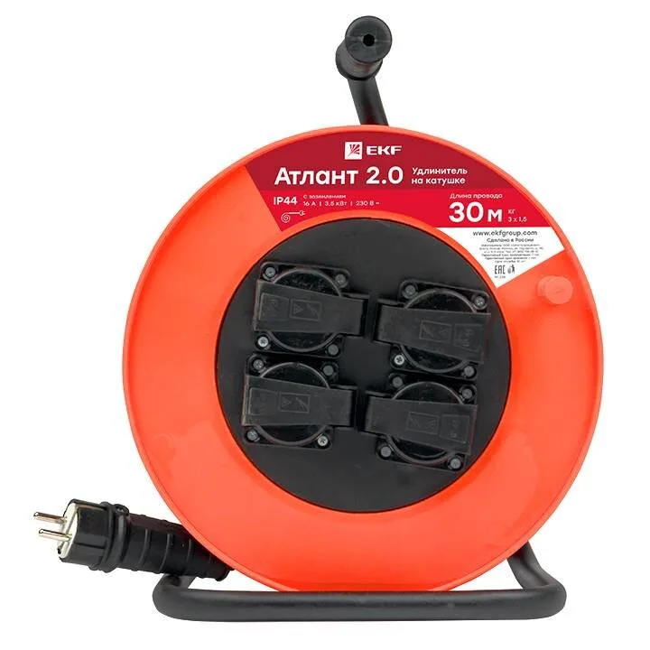 Удлинитель на катушке Атлант 2.0 4 гнезда 30м с заземлением КГ 3*1,5 16А/3,5кВт IP44 PROxima EKF Удлинитель на катушке Атлант 2.0 4 гнезда 30м с заземлением КГ 3*1,5 16А/3,5кВт IP44 PROxima EKF